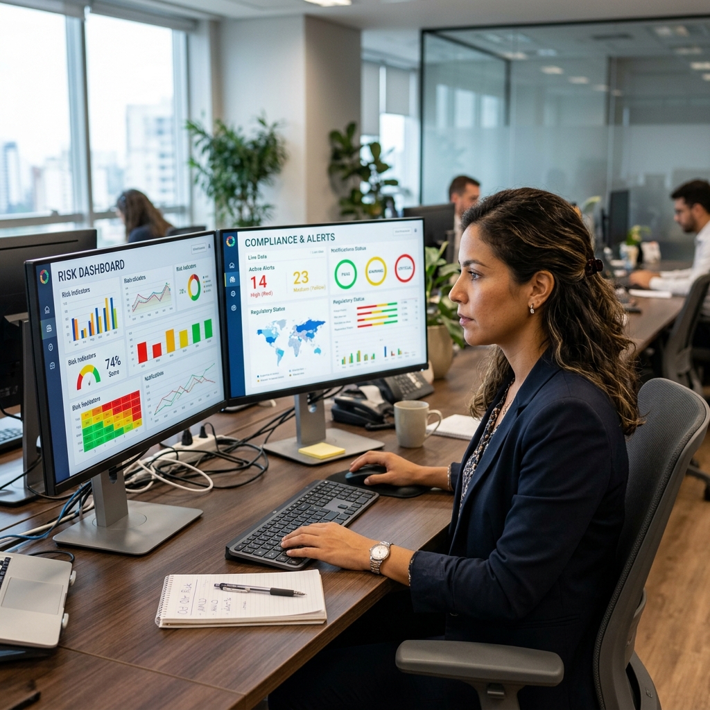 Analista monitoreando dashboards de compliance